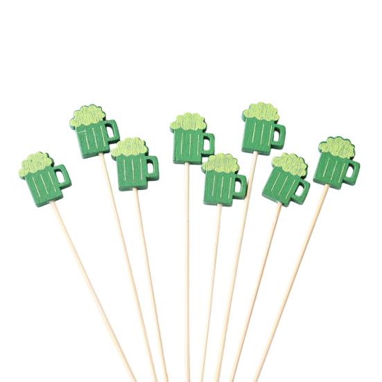 100PCS Disposable Cocktails Tags, Green Beer Decor Bamboo Picks, Disposable Handheld Toothpicks, for Snacks Sandwiches Cupcake