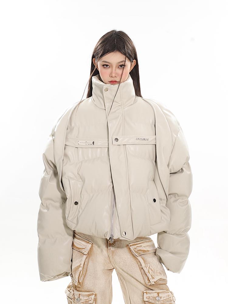 

2024 Зимняя куртка оверсайз деконструированного кроя из ПУ кожи для пар Large абрикосовый