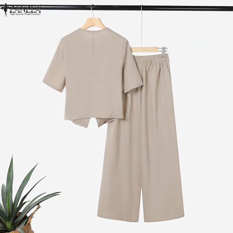 ZANZEA Completo estivo da donna a due pezzi con camicetta a maniche corte e pantaloni lunghi