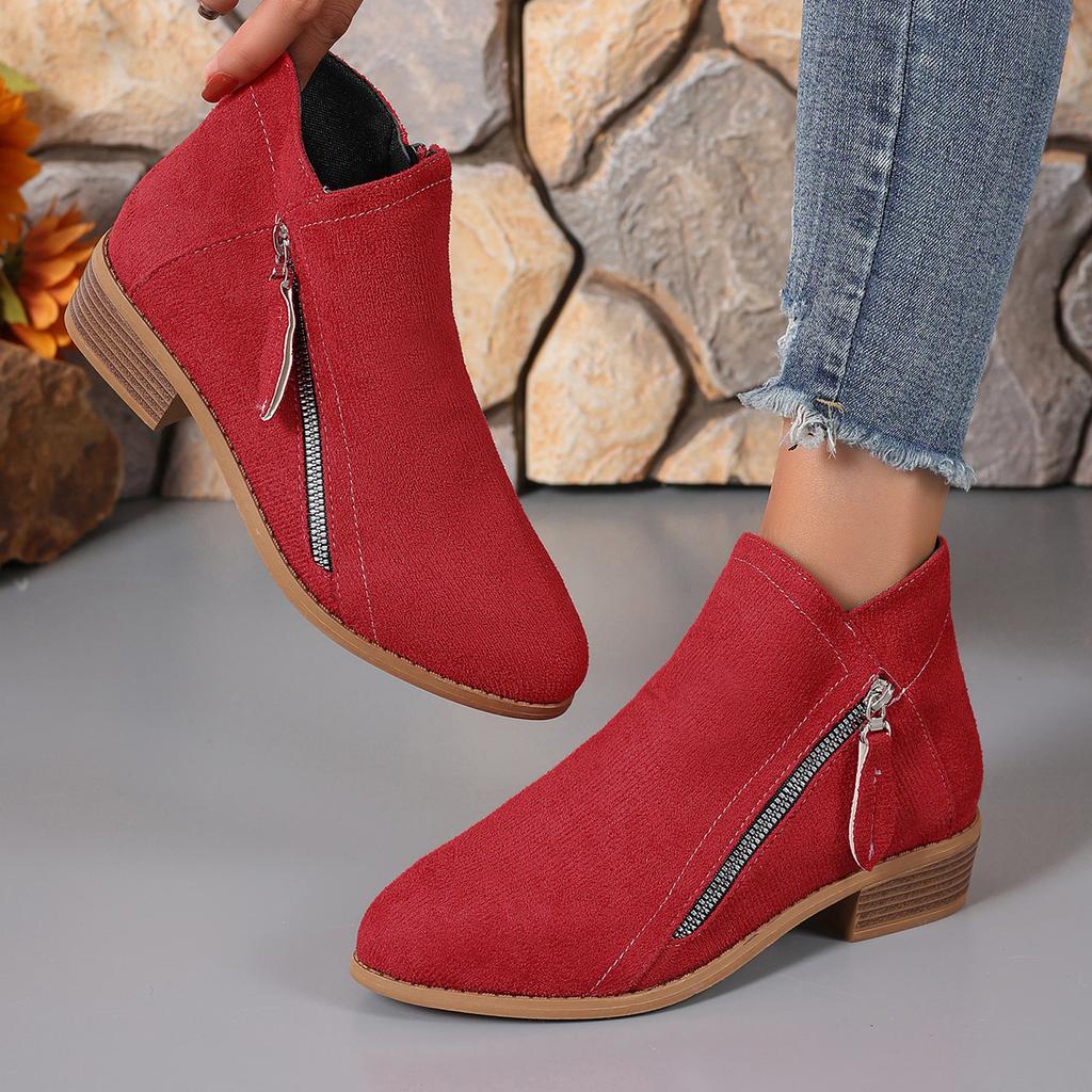 Women's Shoes, Women's Boots, Suede, Round Toe, Side Zipper, Thick Heel, Leather Boots, Women's Short Boots