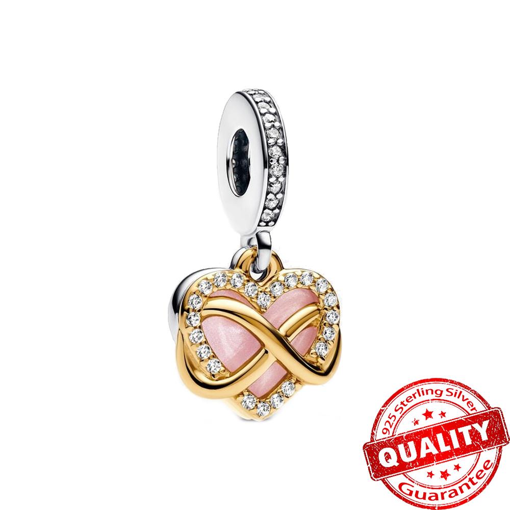 Precious Copper Sparkling Heart Double & Pavé Infinity Knot Dangle Charm Fits 3Mm Bracelet Diy Mother Birthday Gift