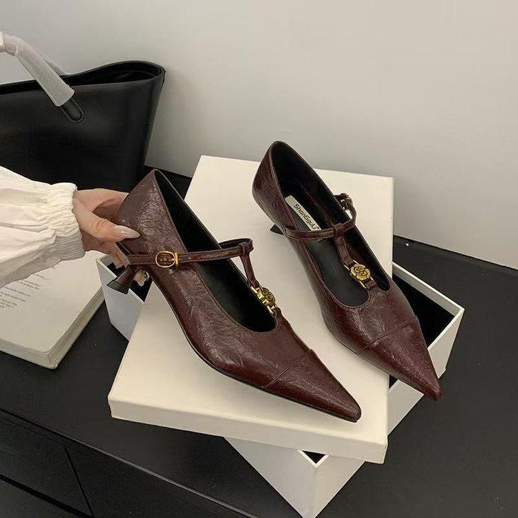 French Low-heeled Pointed Single Shoes for Women's 2025 Spring New Soft Leather Flats with One-word Strap Skirt Mary Jane