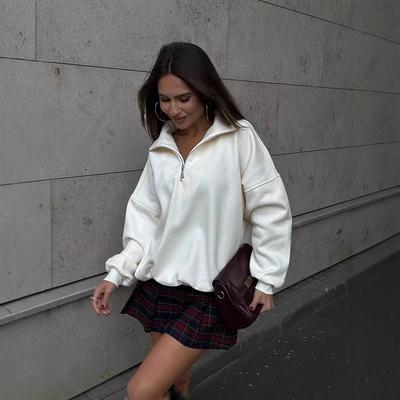 2025 Autumn and Winter Solid Color Outer Wear Half Zipper Stand-up Collar Trendy Fleece Thickened Lapel Sweater Loose Top