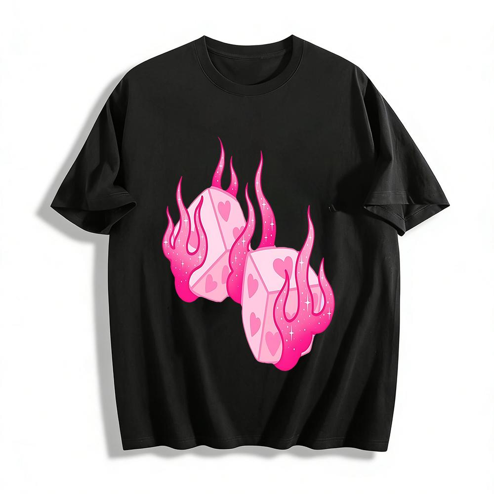 

Y2K Aesthetic Pink Heart Flame Dice Print Tee Streetwear Cool Girl Loose Casual Crewneck Top Pure cotton T-shirt XXS
