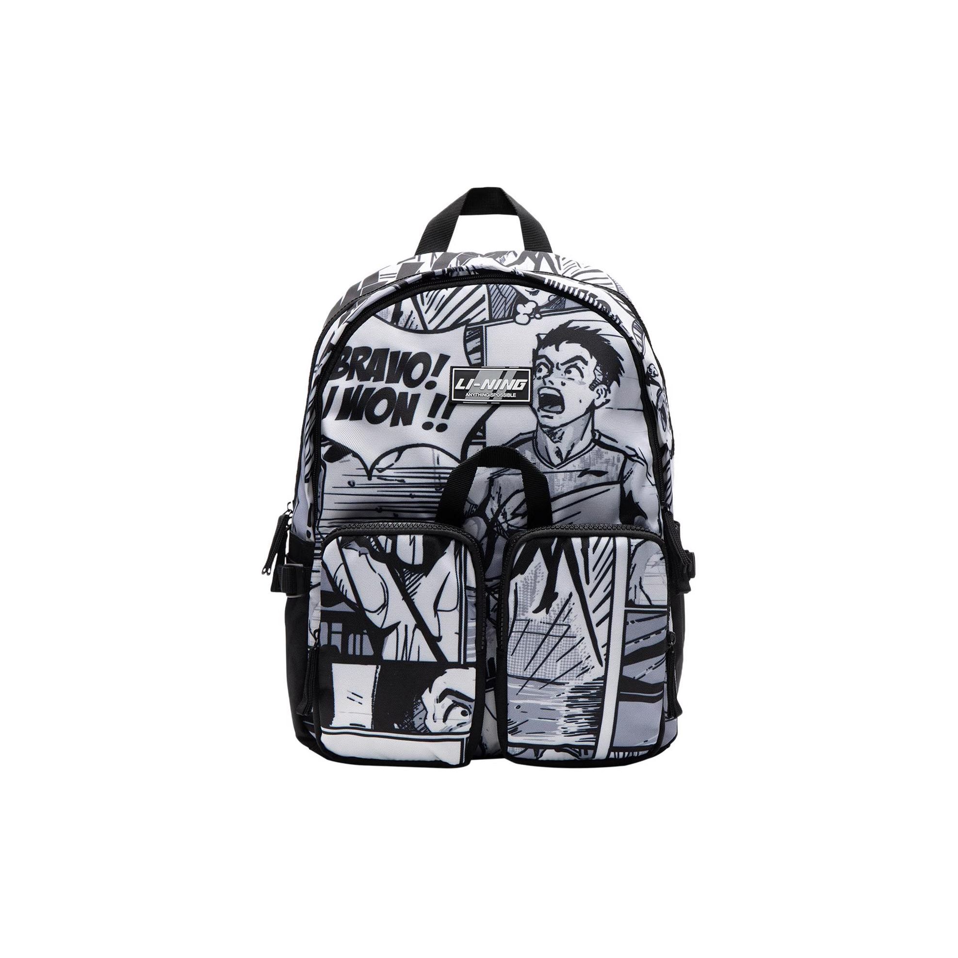 Li Ning Brand Logo Street Graffiti Print Polyester Backpack Unisex Backpacks Black ABSS253-1 Black