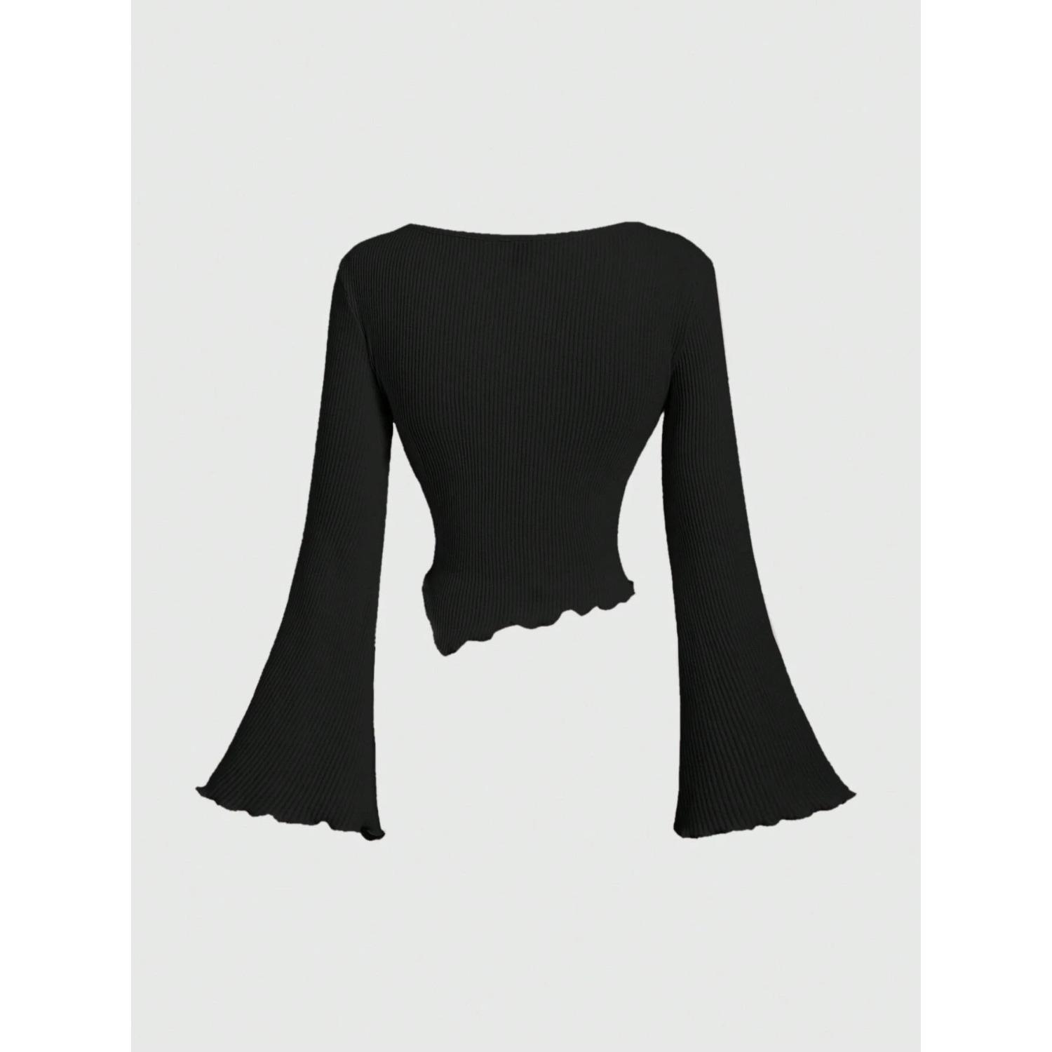 Women s V Neck Long Sleeve Top Asymmetrical Ruched Bell Sleeve Slim Fit Blouse S