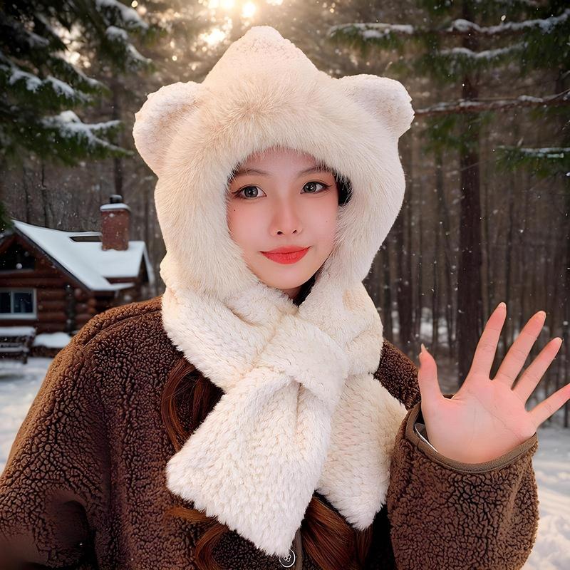 Bear Ears Hat Bunny Ear Hat Cute Winter Hat Bear Scarf Plush Hat Bear Costume Bear Hood For Kids Women Young People Elderly