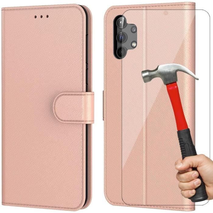 Pack de protection - BOOLING - pour Samsung Galaxy A32 5G - Coque semi-rigide - 2 verres trempés - Effet cuir rose