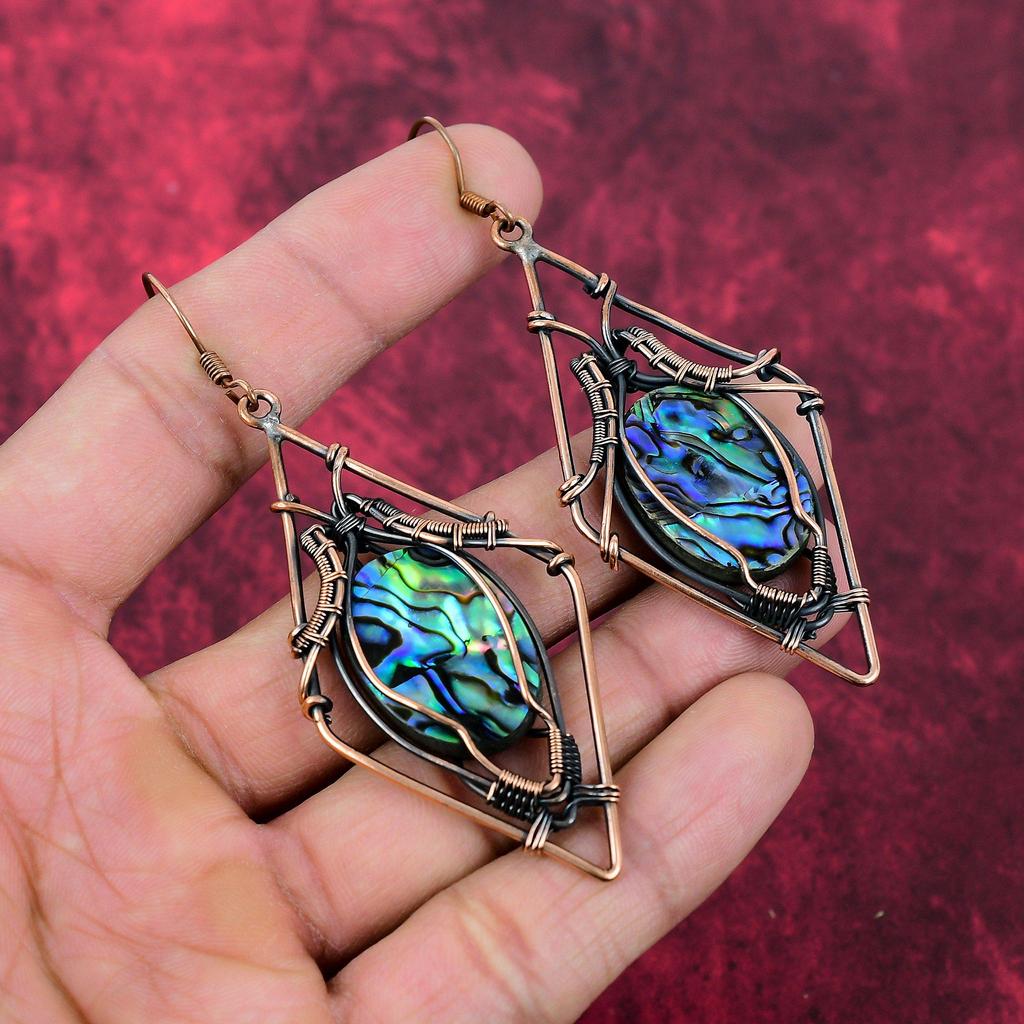 Abalone Shell Earring Copper Wire Wrapped Handmade Earring Copper Jewelry Stylish Earrings Wire Wrapped Gemstone Jewelry Anniversary Gifts