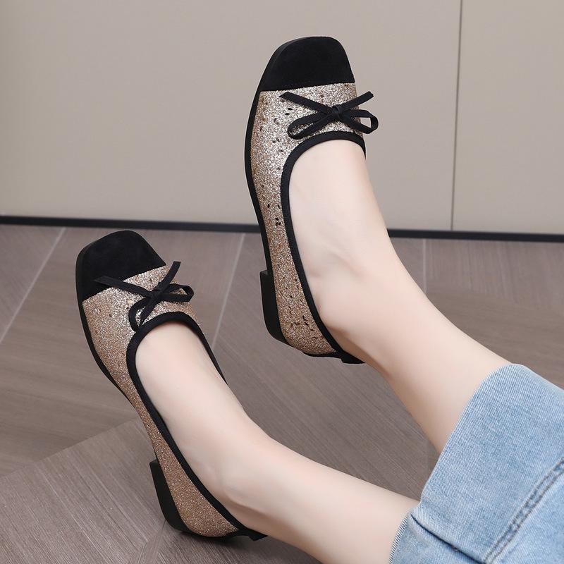 2025 New Women's French-Style Sequined Bow Flats: Square Toe, Shallow Mouth Evening Shoes