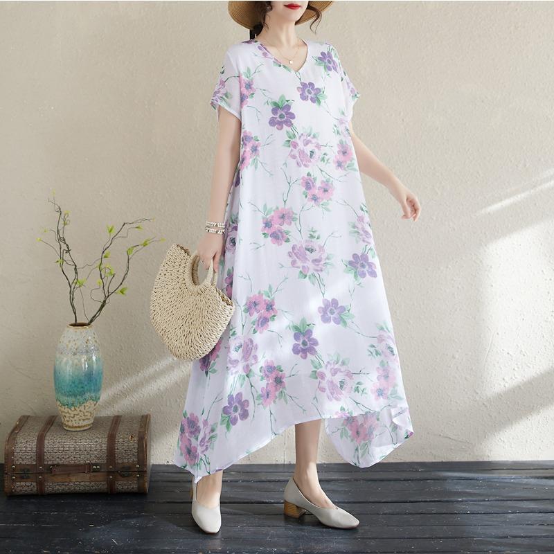 DIMANAF 2025 Summer Women Plus Size Dress Vintage Long Dress Basic Floral Printing Casual Loose Linen Maxi