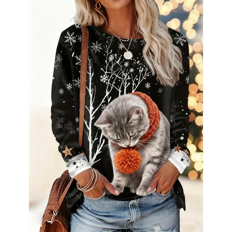 Christmas-themed women's snowflake and kitten print round neck long-sleeved T-shirt, festive black and white casual loose top