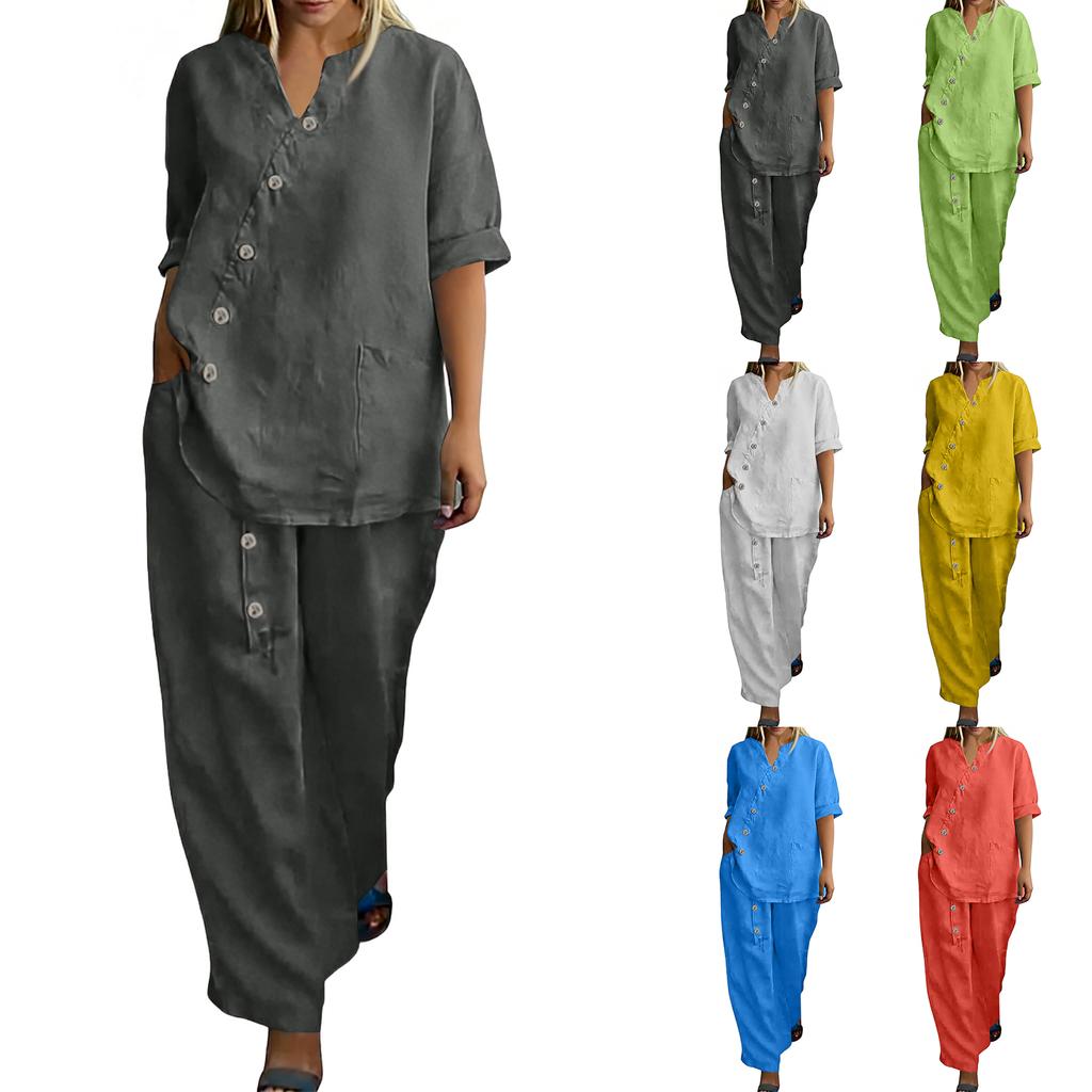 Women's Casual Cotton And Linen Set With Three Quarter Sleeves, Top And Wide Leg Pants, Two-piece Set