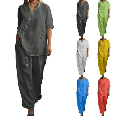 Women's Casual Cotton And Linen Set With Three Quarter Sleeves, Top And Wide Leg Pants, Two-piece Set