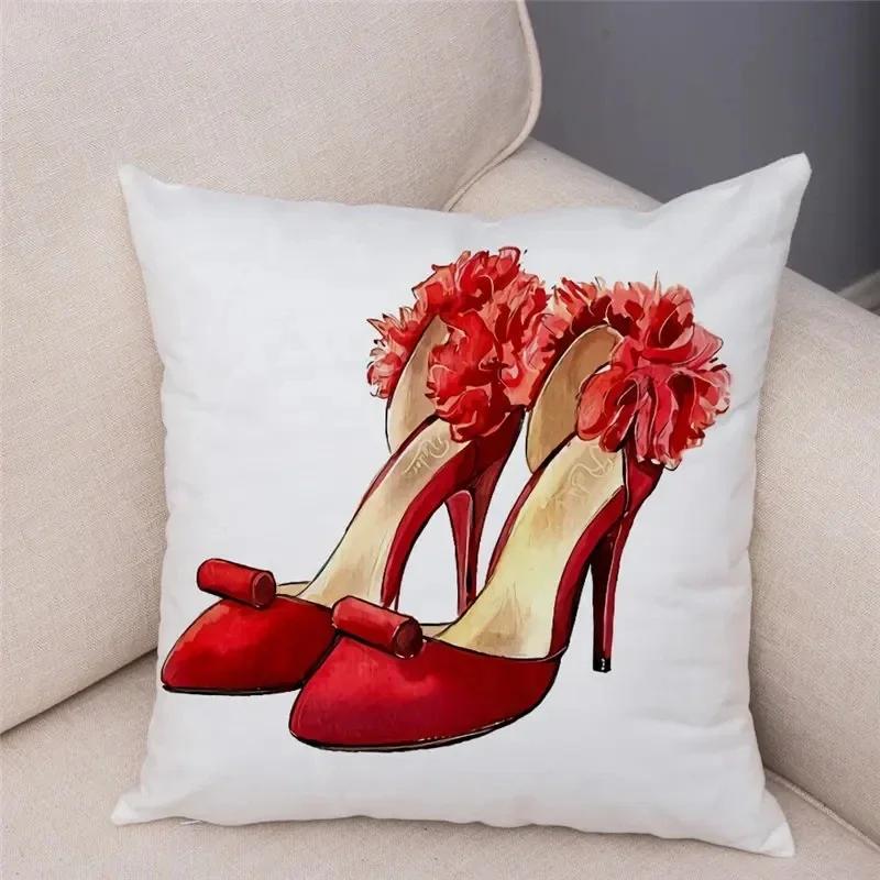 Women'S High Heel Shoes Throw Pillow Cover With Short Plush Print For Living Room Sofa Decoration Cushion Cover Pillow Covers