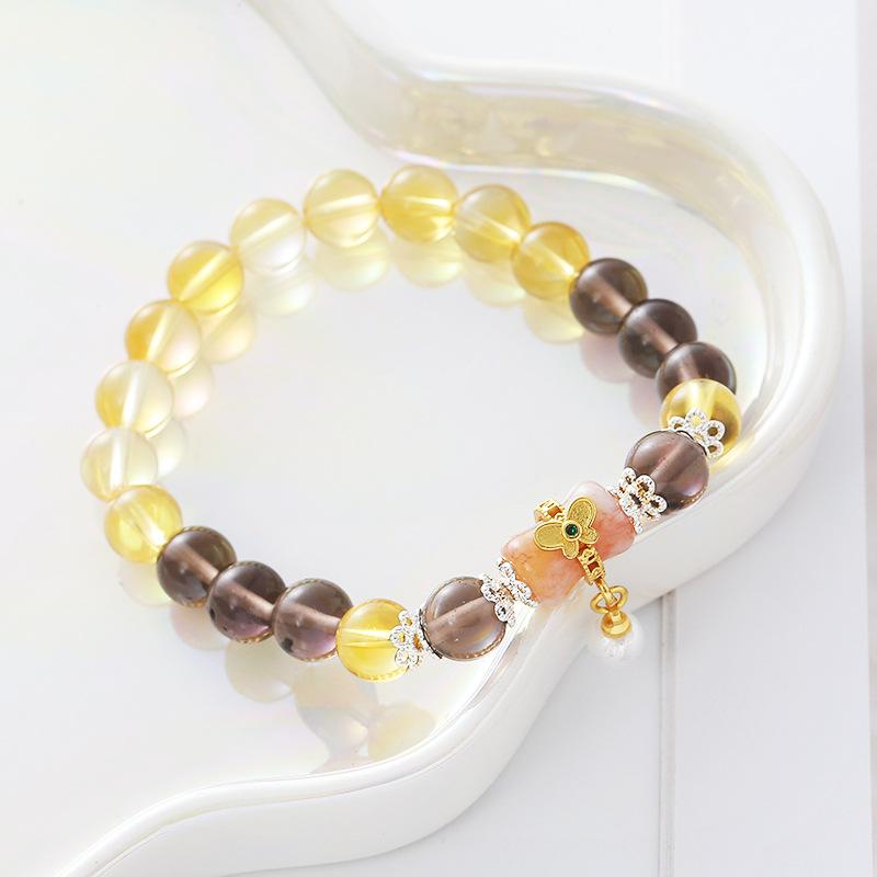 Natural Green Quartz Bead Bracelet for Women Retro Gold Plated Flower Pendant