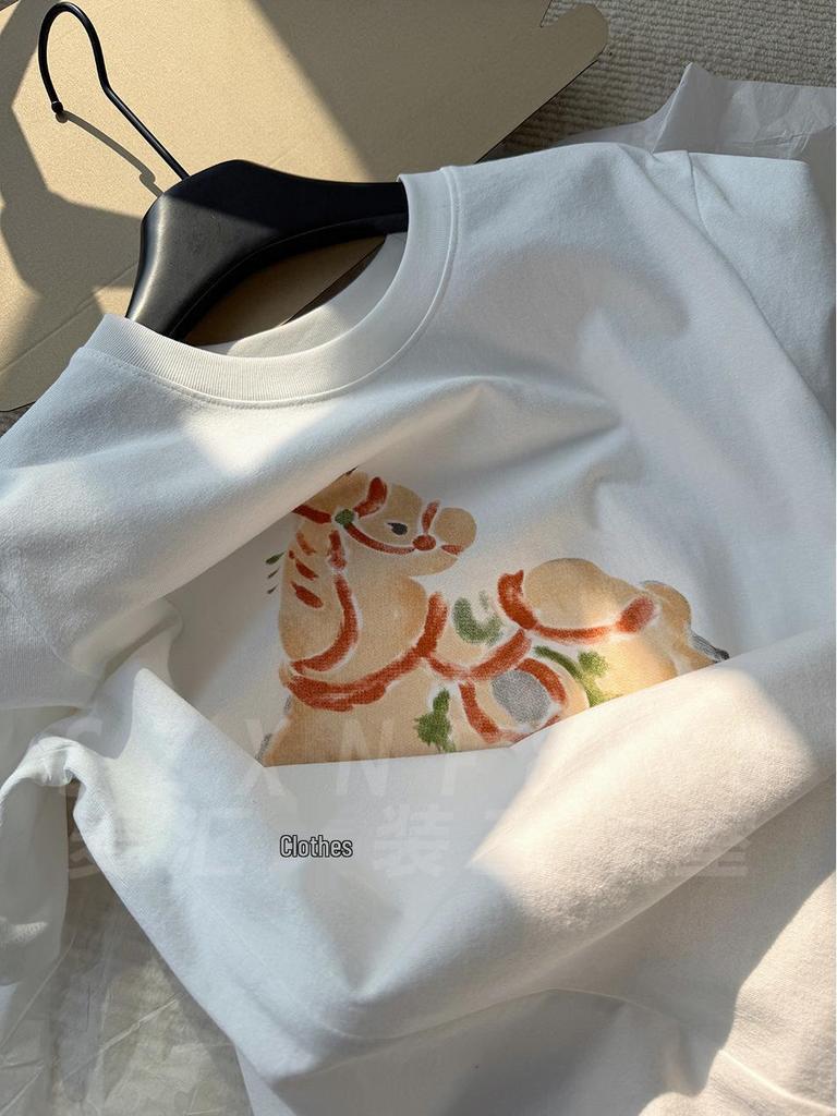 Organic Cotton Hand-Painted Floral Horse Print Round Neck Loose T-Shirt for Women - Short Sleeve, Versatile, Comfortable, Early Spring Wear