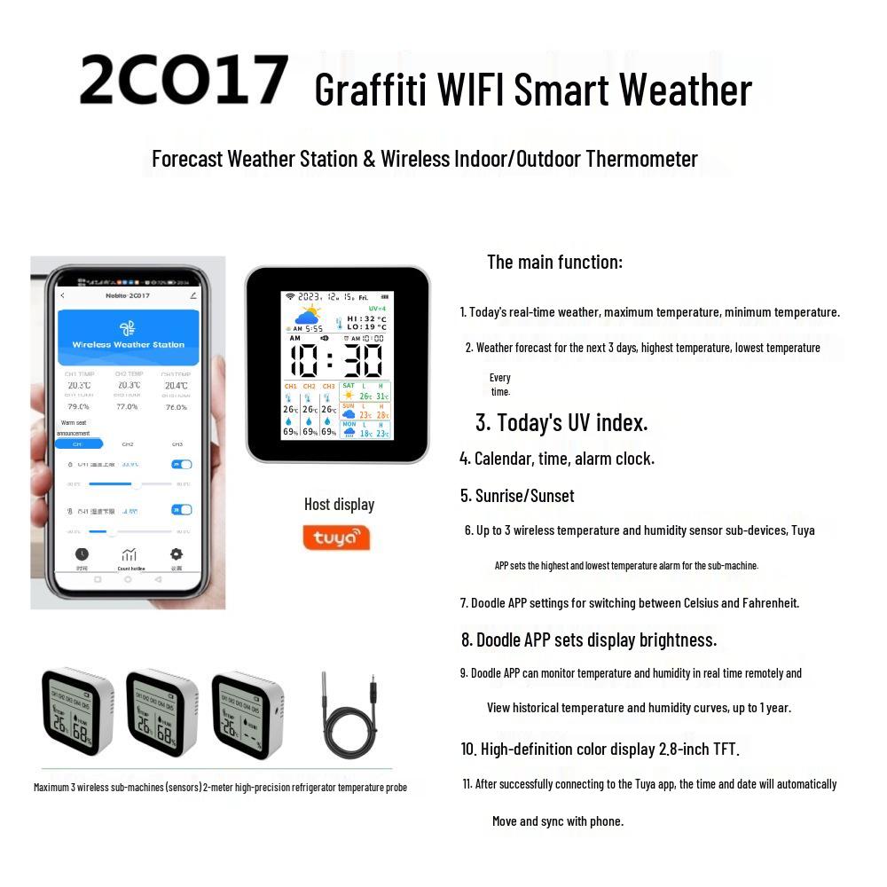Tuya WiFi Smart Weather Station & Wireless Indoor-Outdoor Thermohygrometer Clock