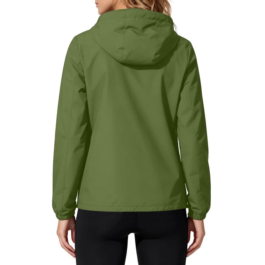 Women's Waterproof Windproof Hooded Jacket Lightweight Packable Outdoor Raincoat with Zipper Pockets and Adjustable Drawstring Hood