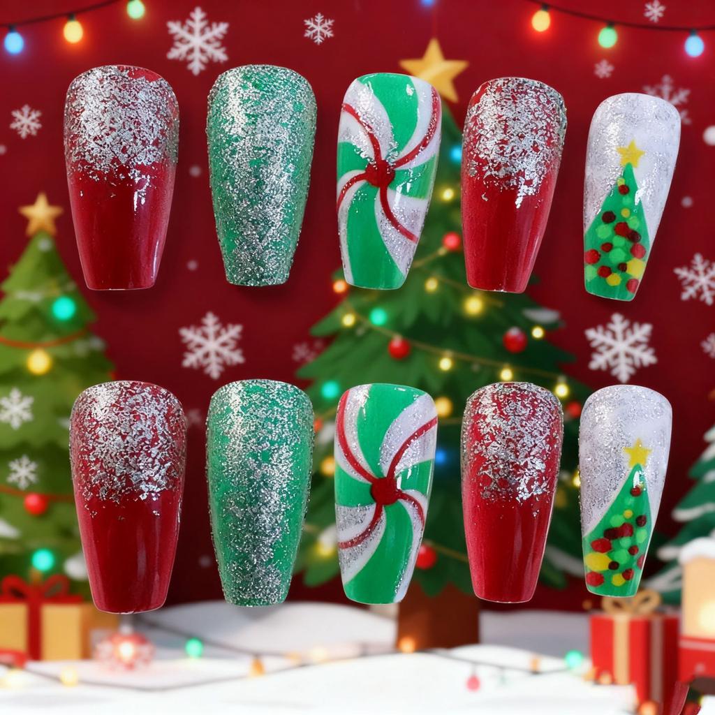 Christmas Europe and the United States Best-selling Nail Art Wear Nail Sweet and Cute Christmas Tree Glitter Medium and Long Nail Wear