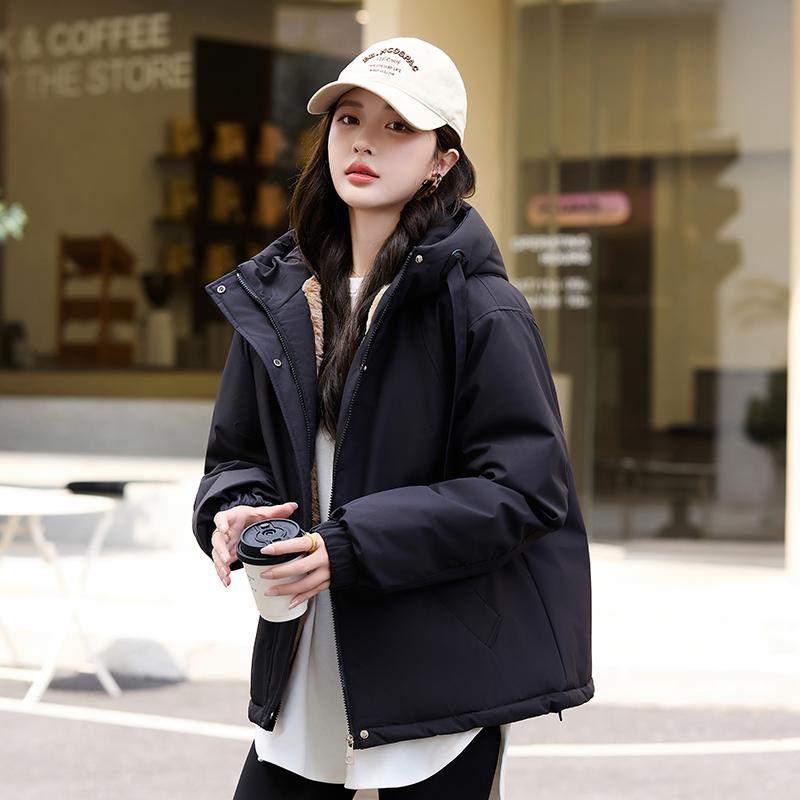סתיו חורף מעיל פארקה חם מעובה נשים קז'ואל מתוק צבע אחיד כיס גדול מעיל רופף עם קפוצ'ון ז'קטים הלבשה עליונה