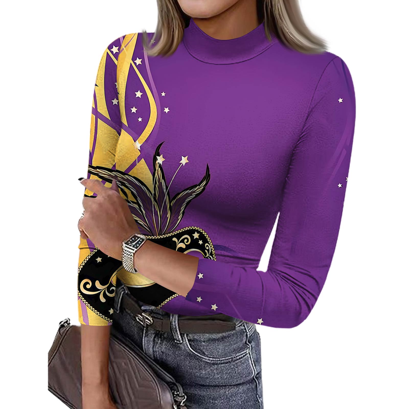 

Женская облегающая футболка, модная повседневная футболка с принтом, пуловер с круглым вырезом и рукавом 3/4 XL фиолетовый