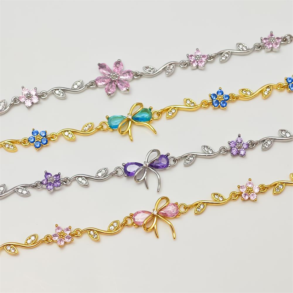 Exquisite Zircon Bow & Flower Pendant Bracelet for Women