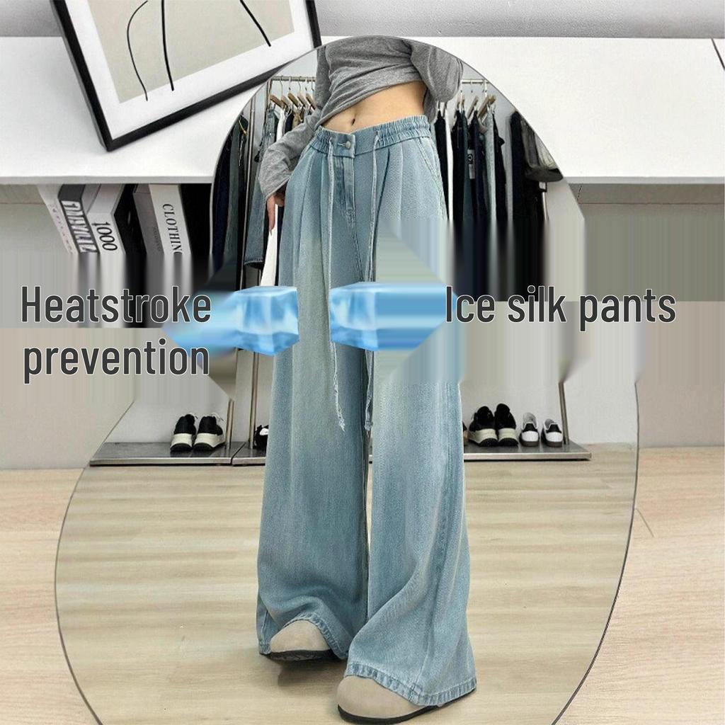 Plus-Size Women's Wide-Leg Ice Silk Jeans, Slimming and Loose with Drawstring Waist for Summer