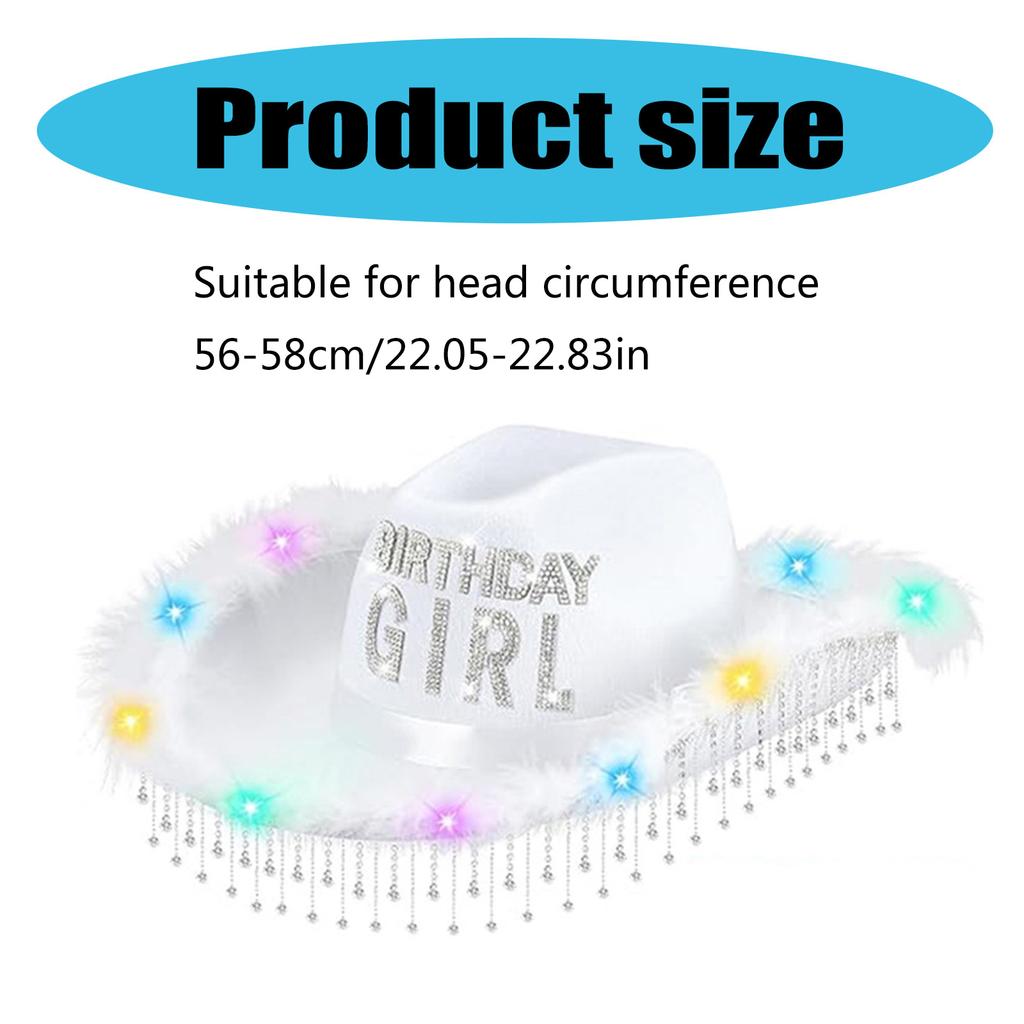 Birthday Tassels Rhinestone Cowgirl Hat With Colorful LED Lights Adjustable Top Cap for Parties Birthday Gathering