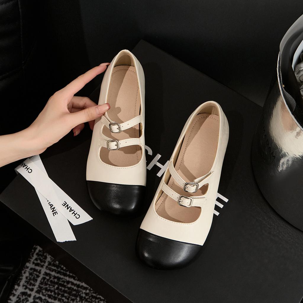 Single Shoes Women's Mary Jane Leather Women's Shoes Autumn and Winter Retro Big Round Head Color Matching Comfortable Thick Heel High Heels