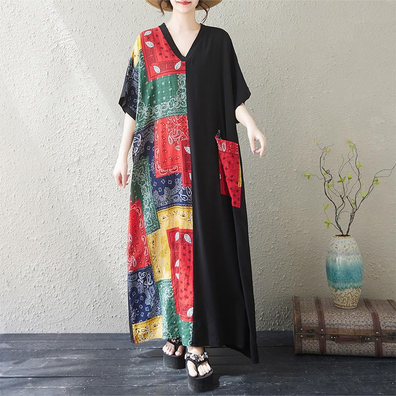 DIMANAF 2025 Summer Women Plus Size Dress Basic Casual Dress Loose Printing Long Beach Short Sleeve Dress