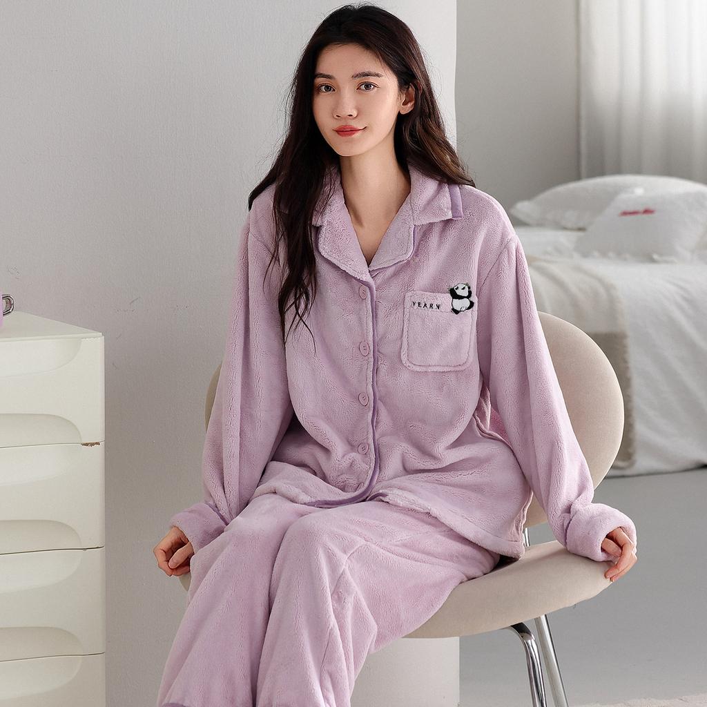 Coral Fleece Pajamas Women'S Autumn And Winter Fleece Thickened Flannel Cartoon Panda Loungewear Set