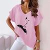 Women's Summer V-neck Batwing Sleeve Feather Print T-shirt