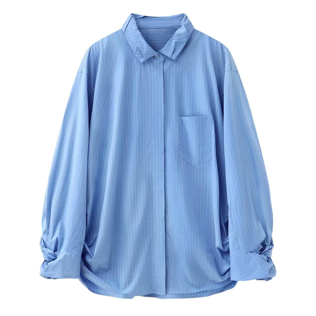 

Spring 2026 Striped Tulip Sleeve Casual Slimming Shirt Top Medium синий