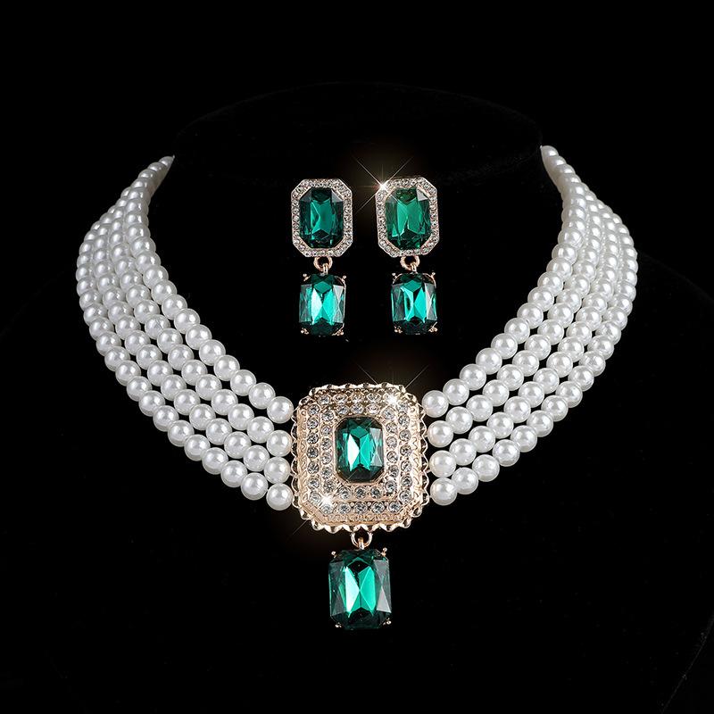 Square gemstone full diamond earrings necklace set choker multi-layer bridal anti-pearl necklace earrings