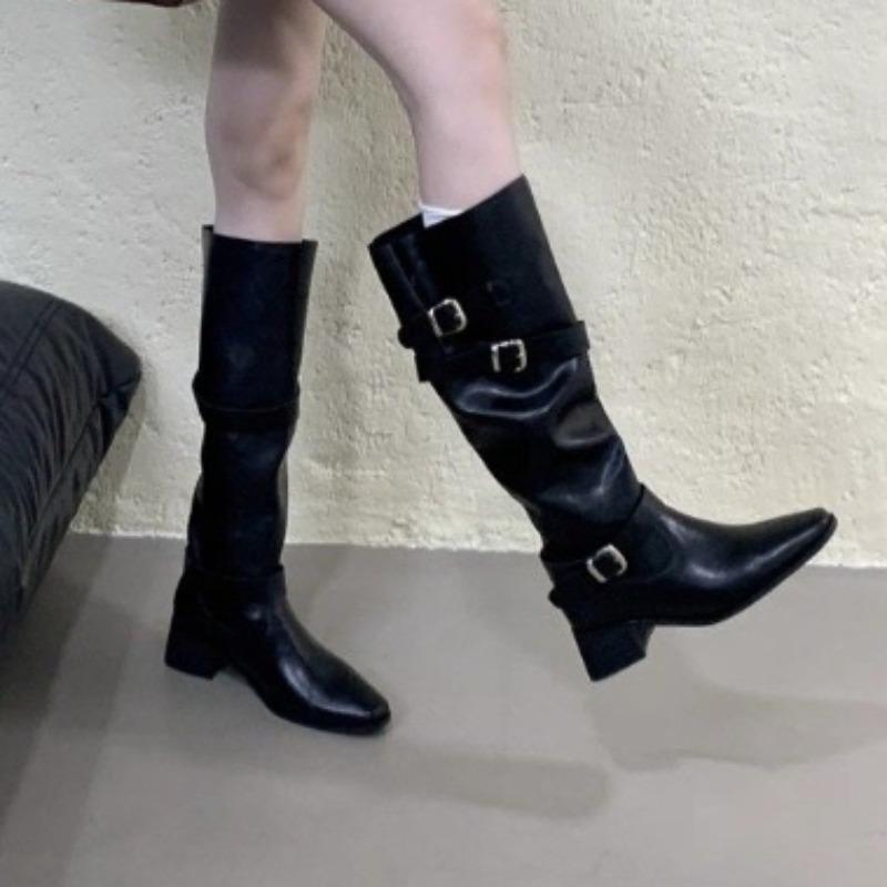 Fashion New Style Fashion Women's High Boots Retro Brown Western Cowhide Boots Gothic Square Toe Wide-leg Women's Long Boots