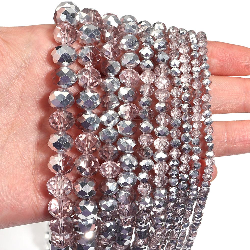 1 Strand 3/4/6/8/10mm Faceted Crystal Beads Pink Rhodium Rondelle Glass Loose Beads For Jewelry Making DIY Bracelets Necklace