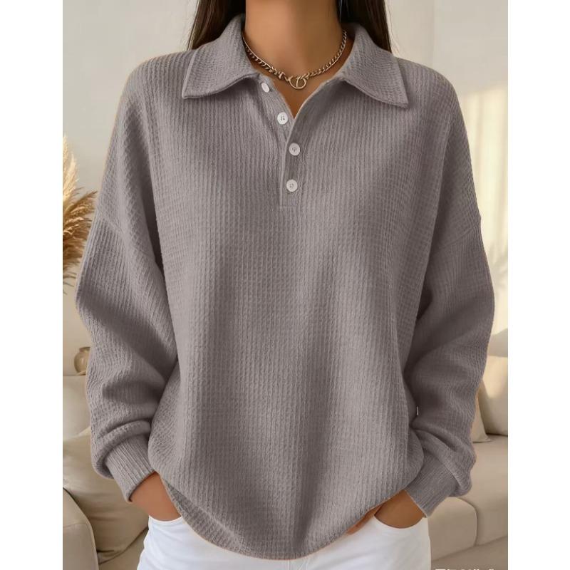 Loose Solid Color Turn Down Collar Waffle Long Sleeve Women Casual Polo Shirt