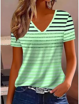 Damen Geometrisches Gestreiftes Print Böhmisches Vintage T-Shirt, V-Ausschnitt Kurzarm, Lässige Tägliche Kleidung, Hell Lila Grün