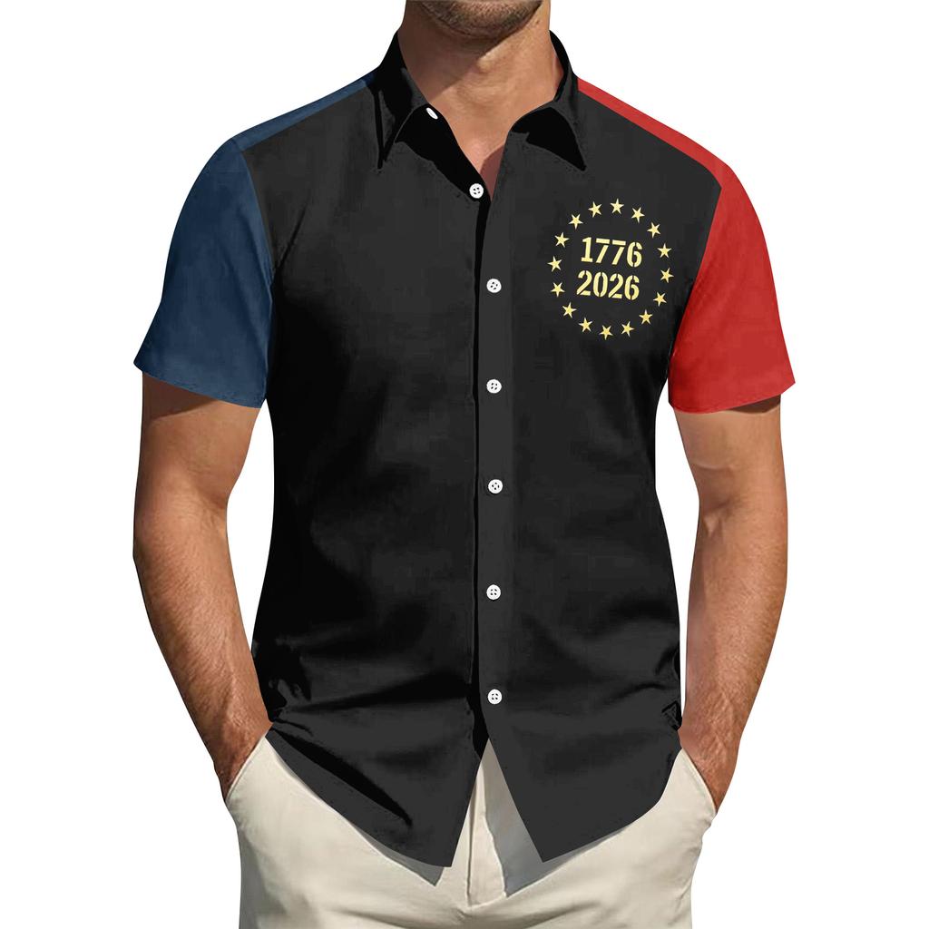 Men's Independence Day Printed Collared Top Men's Casual Sports Short-Sleeve Shirt