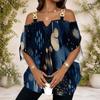 Women Plus Size Cold Shoulder Double Strap V Neck Short Sleeve Dark Blue Printed Blouse