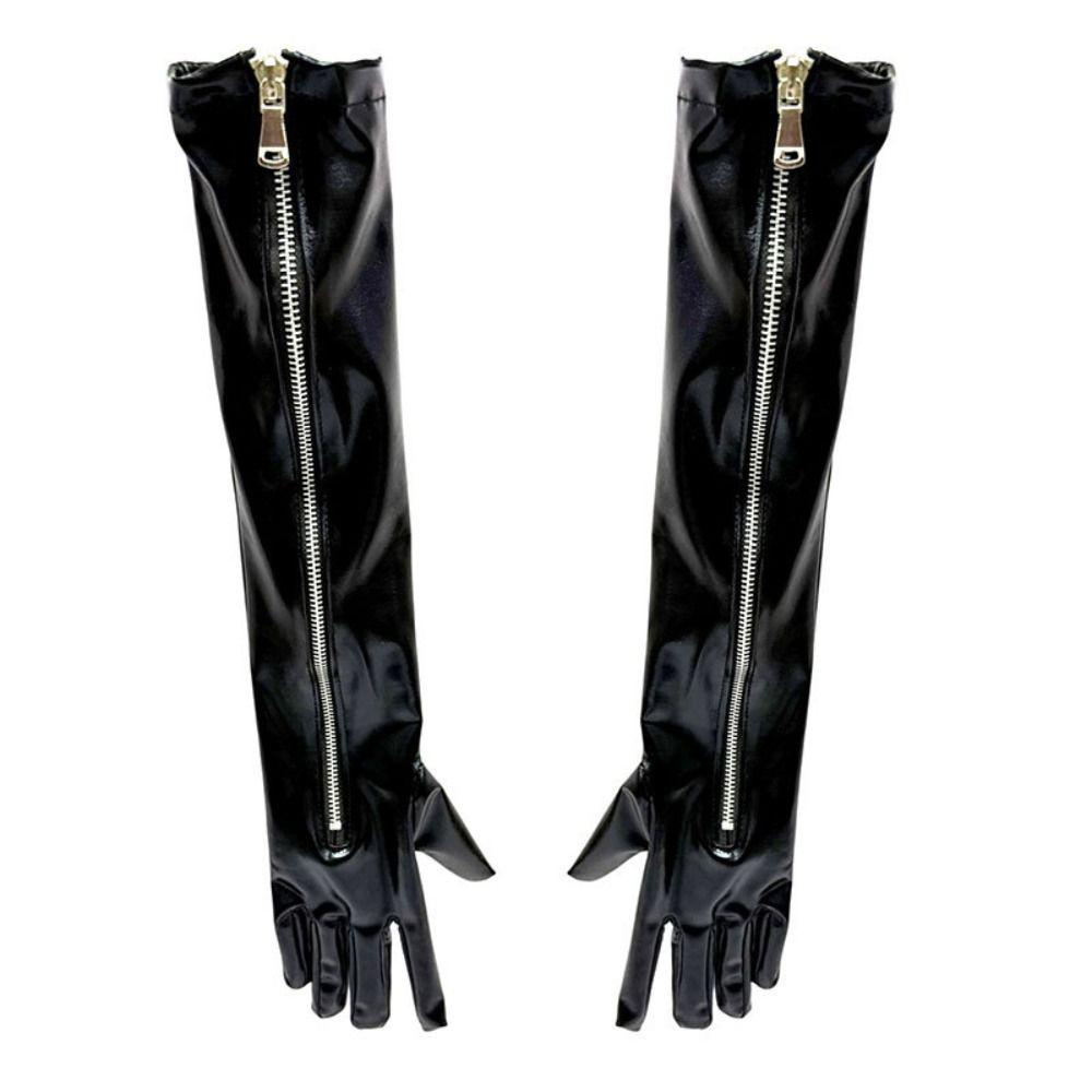 Cloth Zipper Long Gloves Elastic Women Gloves Patent Leather Black Gloves Dance Stage Performance