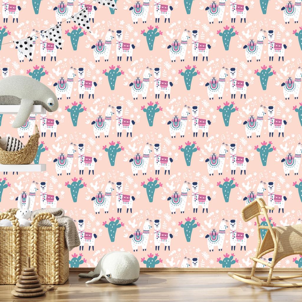 Wallpaper Cheerful Llamas, Cacti and Flowers for Living Room and Bedroom 50x1000
