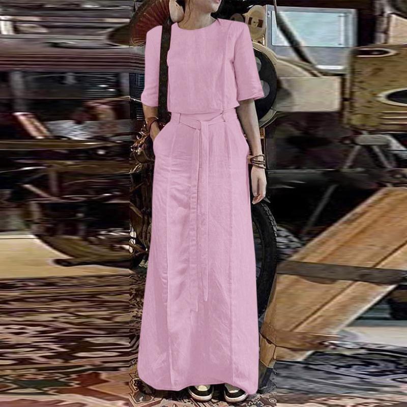 

ZANZEA Женский костюм-двойка: блузка с рукавом три четверти и брюки широкого кроя 4XL розовый