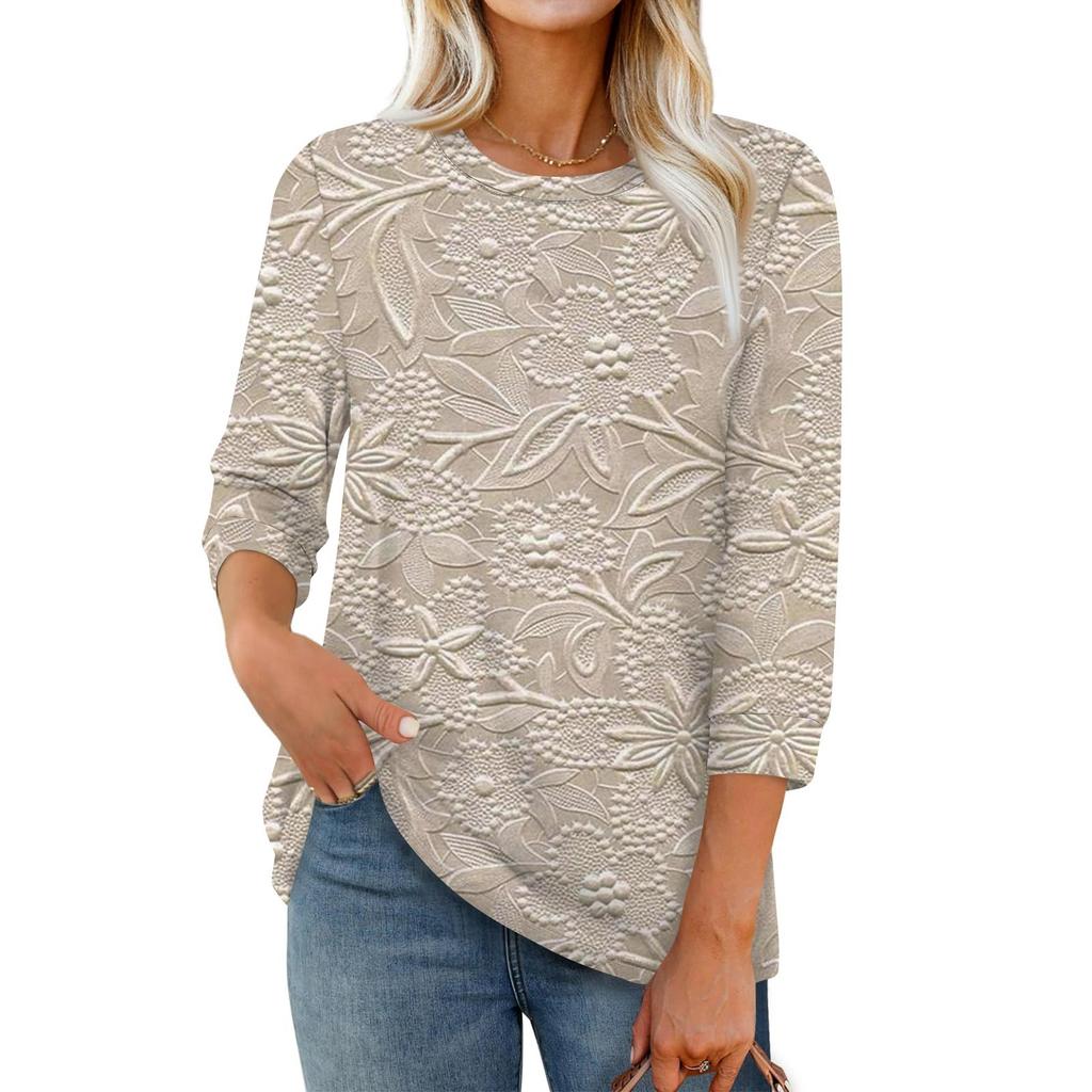 Women's Fashion Casual Round Neck 3/4 Sleeve Loose  Printed T-Shirt Ladies Top