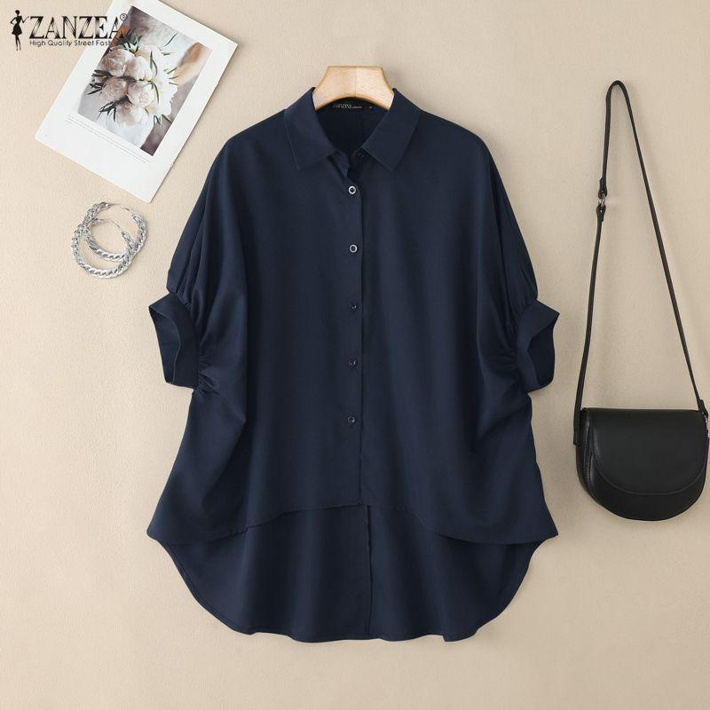 ZANZEA Women Casual Turn Down Collar Loose Half Sleeve Irregular Blouse