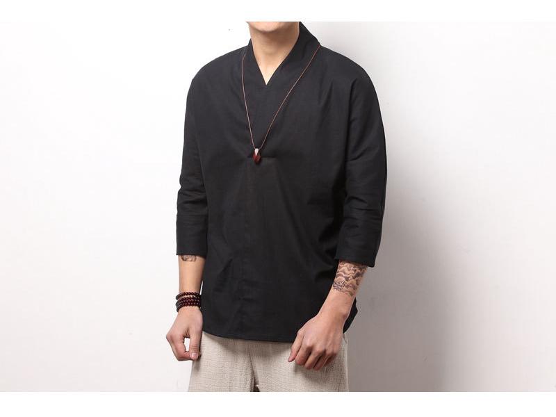 Men's Chinese Cotton-Linen V-Neck Retro Hanfu T-Shirt, Summer Three-Quarter Sleeve, Loose Plus Size