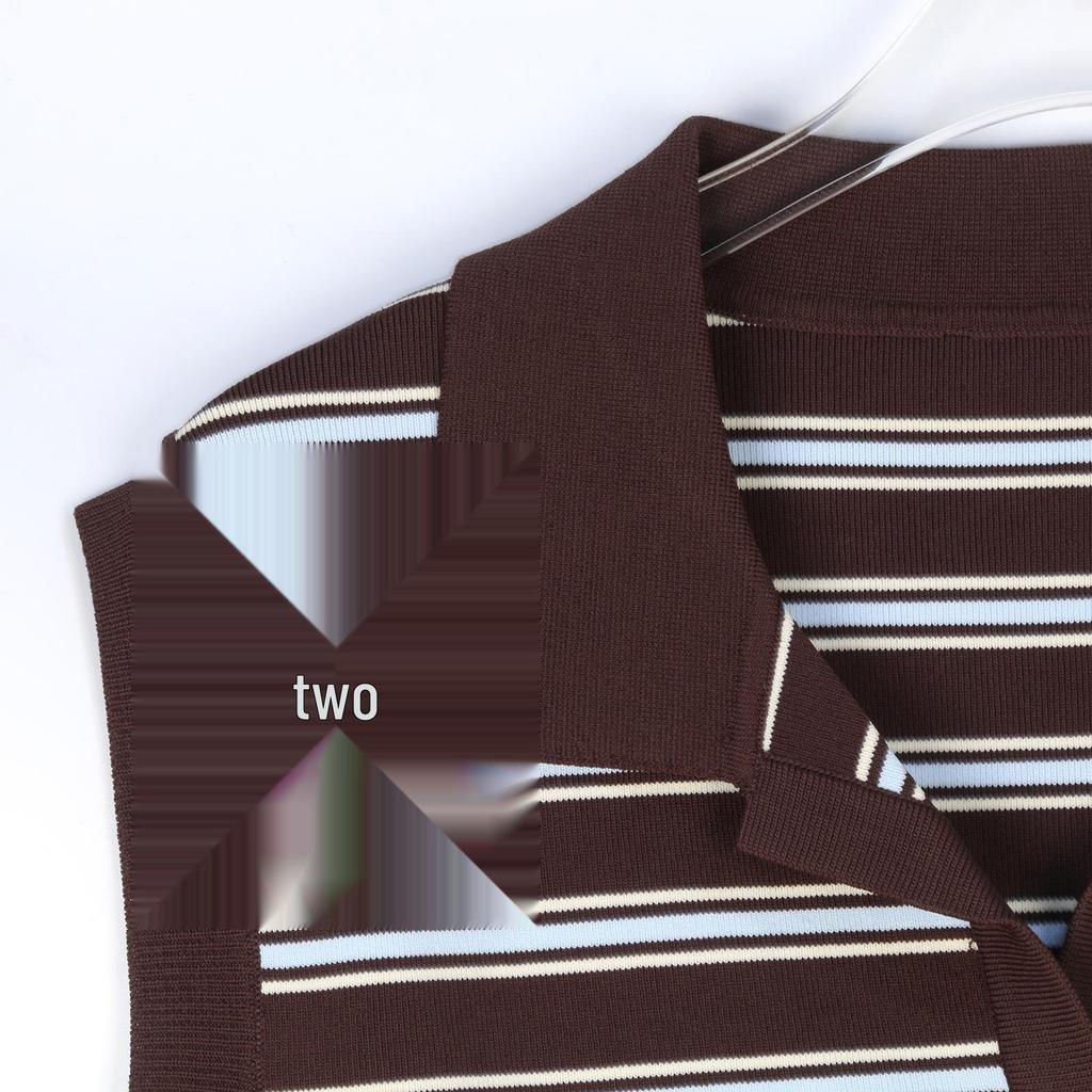 M Miao's Spring/Summer Striped Knit Short-Sleeve Women's French Lapel Versatile T-Shirt