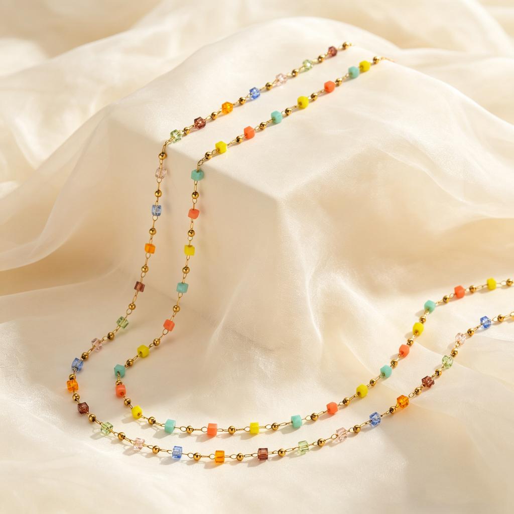 Colorful Rainbow Square Beaded Necklace for Women, Gold Plated Stainless Steel Boho Necklace Bracelet, Exquisite Charm Jewelry
