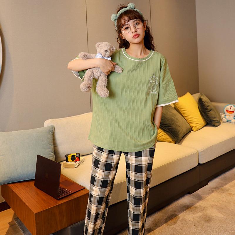 Damen-Set, modisch, kurzärmelig, Rundhals-Pullover, Oberteil, karierte Hosen, lockeres, bequemes Heim-Outfit, Nachtwäsche, Homewear-Pyjama, 2-teilig